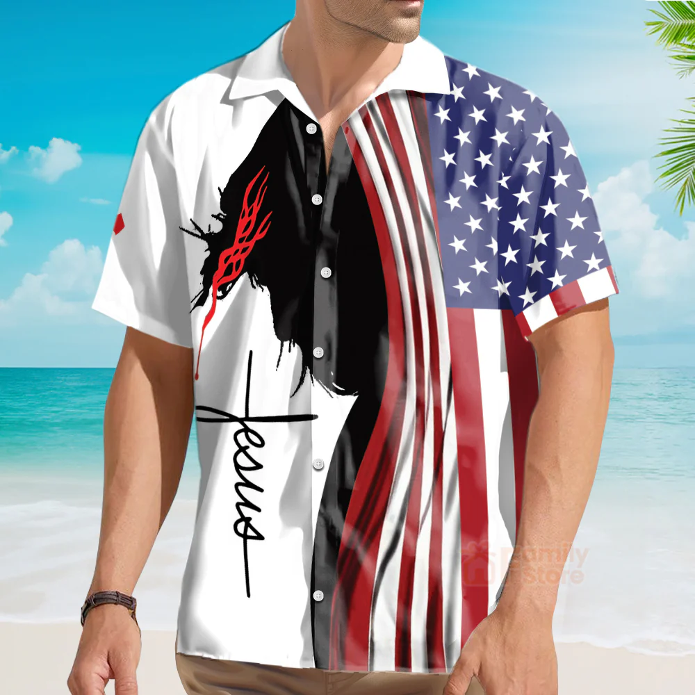 7 Days Without God Make One Weak American Flag Jesus Christ Hawaiian Shirt - Image 3