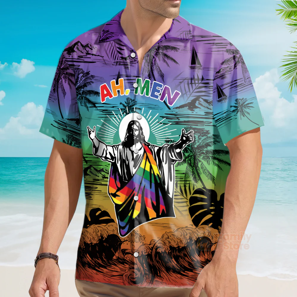 Ah Men Funny Jesus Lgbt Pride Aloha Hawaiian Shirt - Image 3