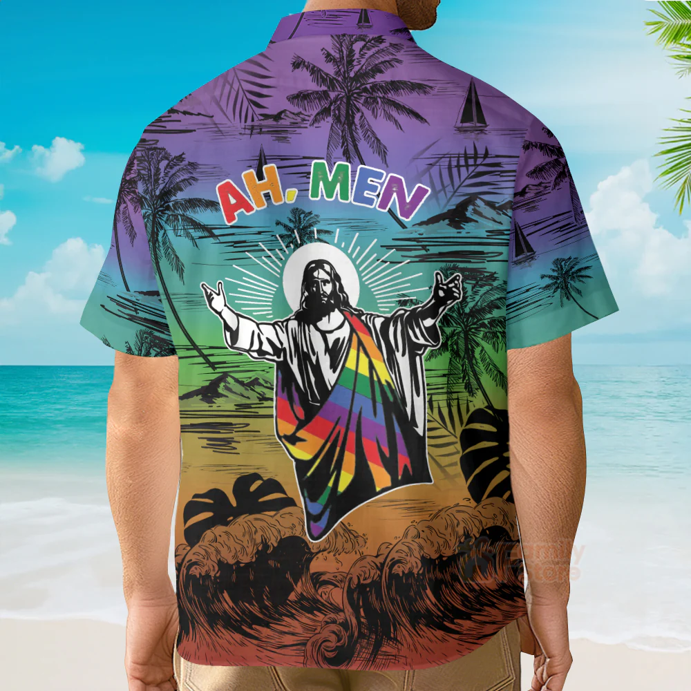 Ah Men Funny Jesus Lgbt Pride Aloha Hawaiian Shirt - Image 4
