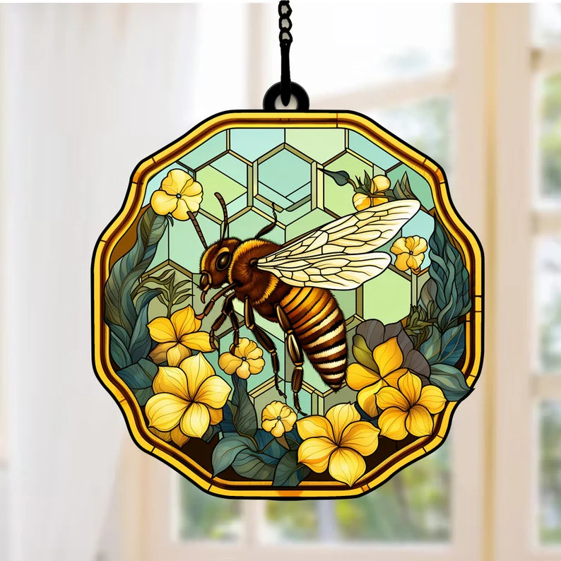 Bee Making Honey From Yellow Flower - Gift For Friends, Family Members - Window Hanging Window Hanging Suncatcher Ornament - Image 3