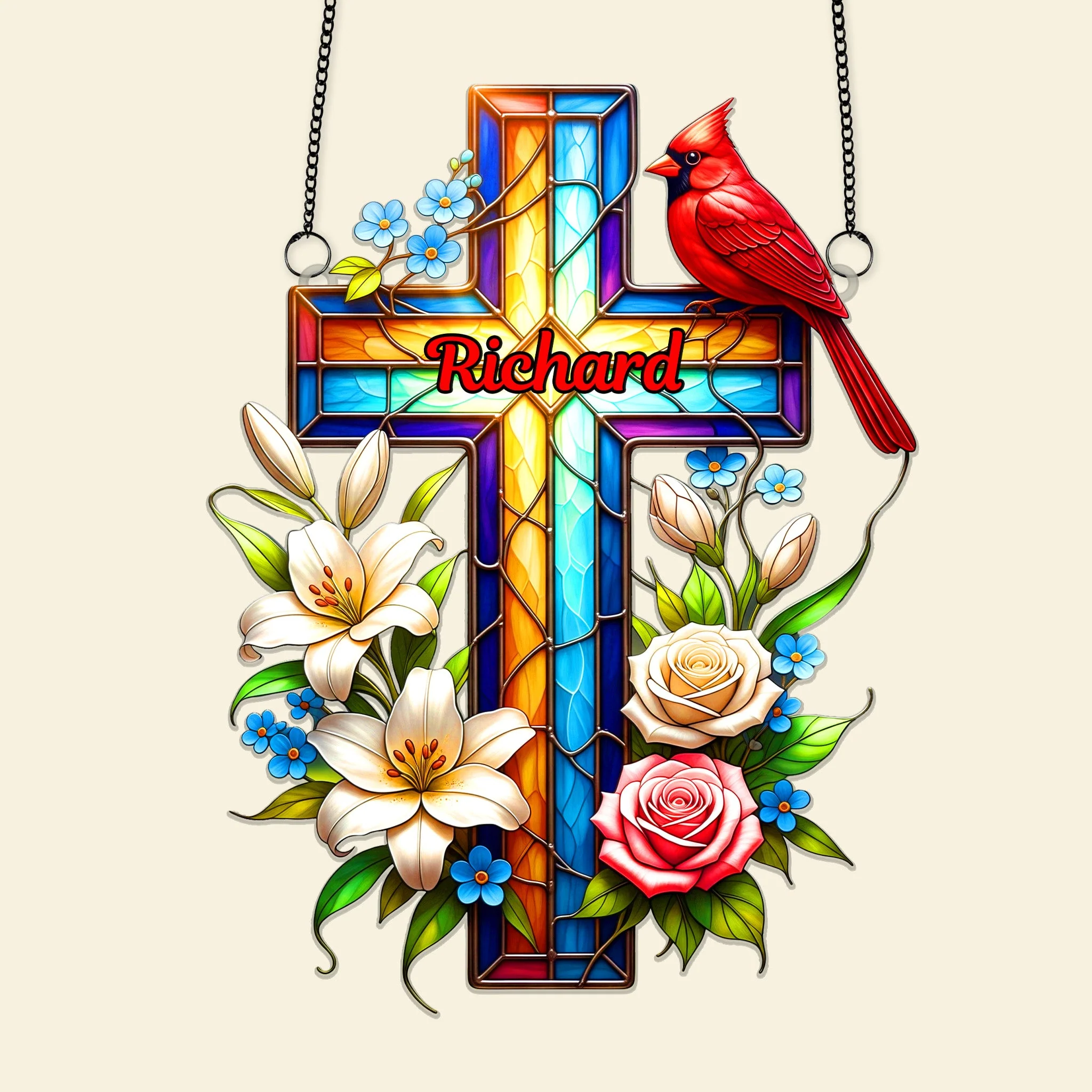 Cardinal Cross - Personalized Suncatcher Ornament - Christmas Gifts For Memorial Human HH01 - Image 3