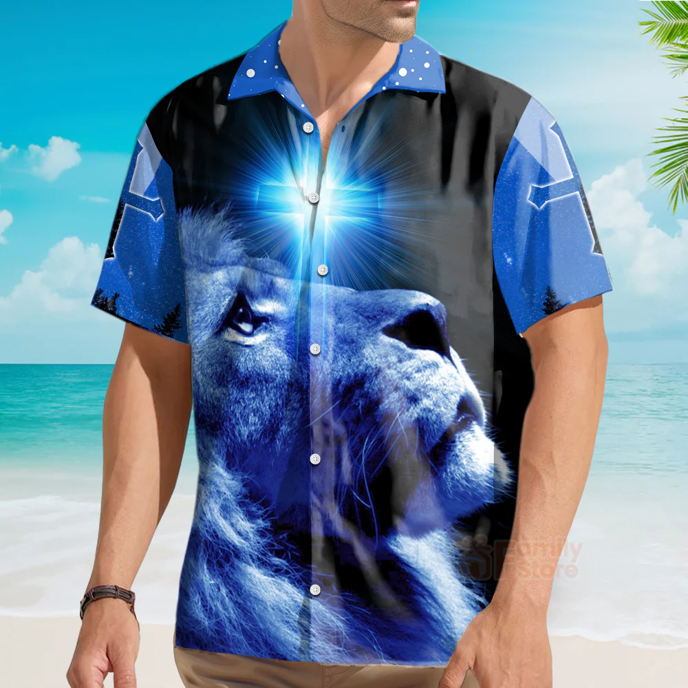 Christian Jesus Blue Cross Lion Aloha Hawaiian Shirts For Men And For Women - Image 4