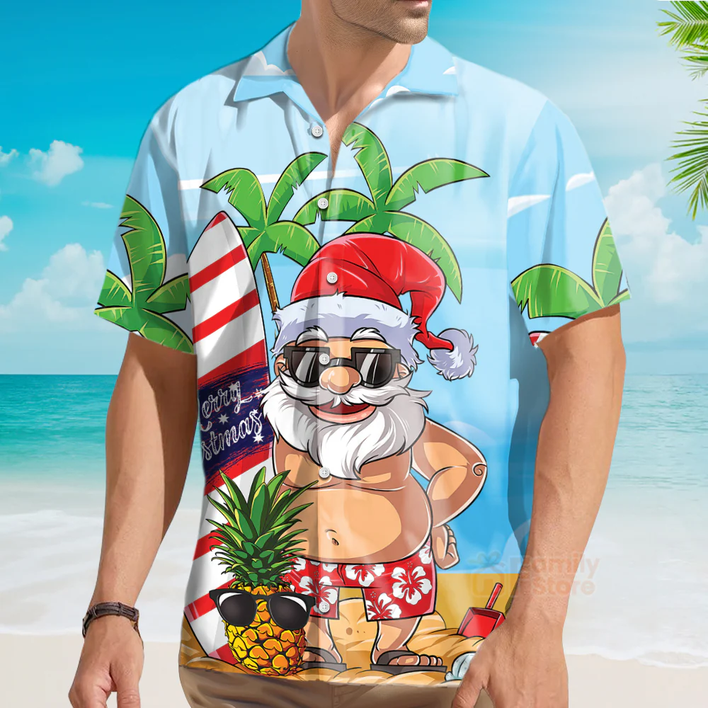 Christmas In July Santa Lets Surf Summer Vibe Hawaiian Shirt - Image 3