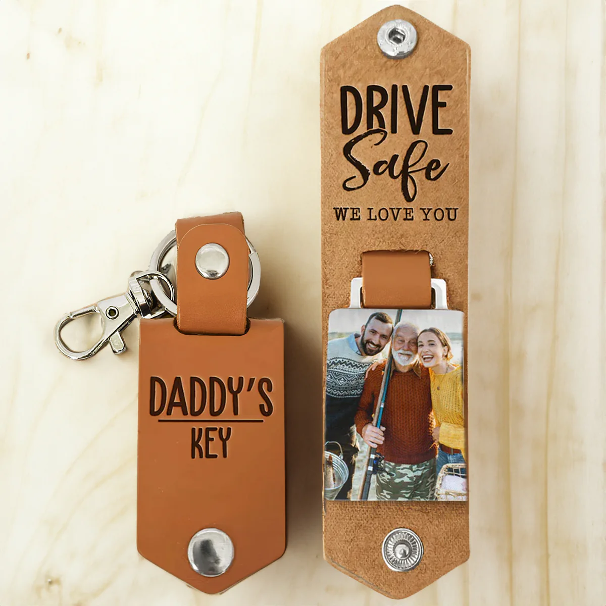 Custom Photo Daddy's Keys Drive Safe I Love You - Gift For Dad, Grandfather - Personalized Leather Photo Keychain - Image 3