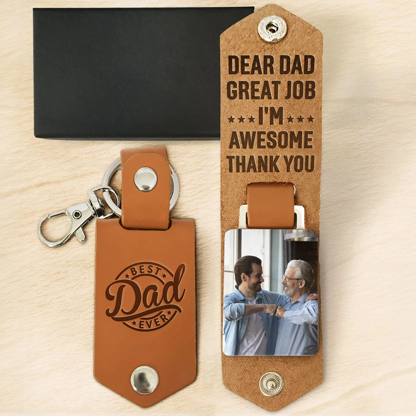 Custom Photo Dear Dad Great Job We're Awesome - Gift For Dad, Grandfather - Personalized Leather Photo Keychain - Image 3