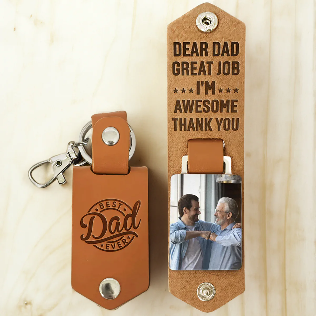 Custom Photo Dear Dad Great Job We're Awesome - Gift For Dad, Grandfather - Personalized Leather Photo Keychain - Image 4