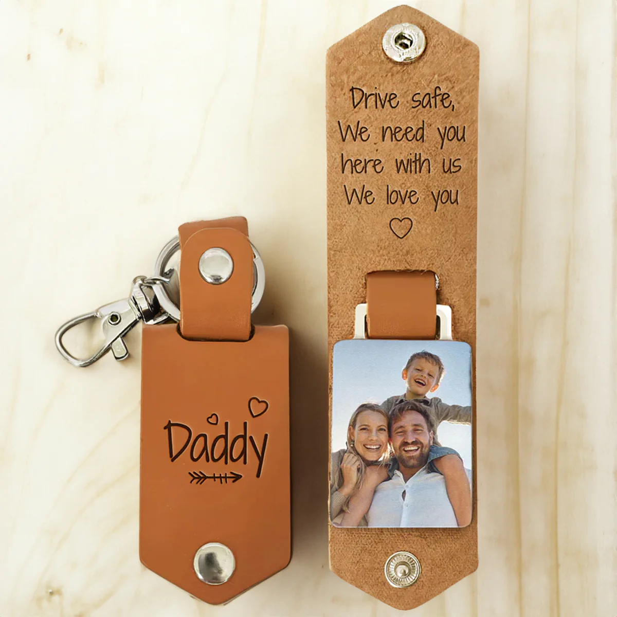 Custom Photo Drive Safe Daddy We Love You - Gift For Dad, Grandfather - Personalized Leather Photo Keychain - Image 3