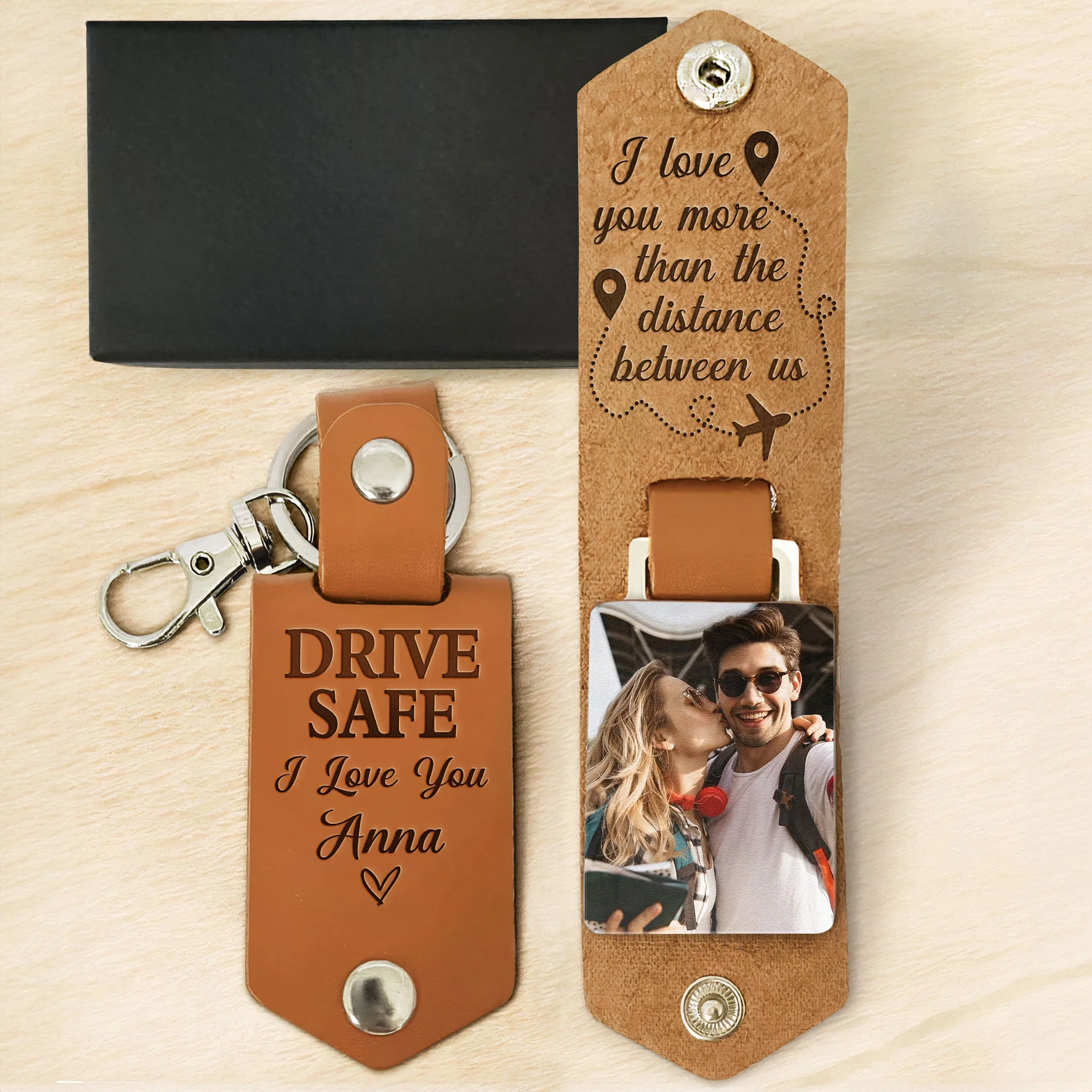 Custom Photo Drive Safe I Love You More Than The Distance Between Us - Personalized Leather Photo Keychain - Image 3