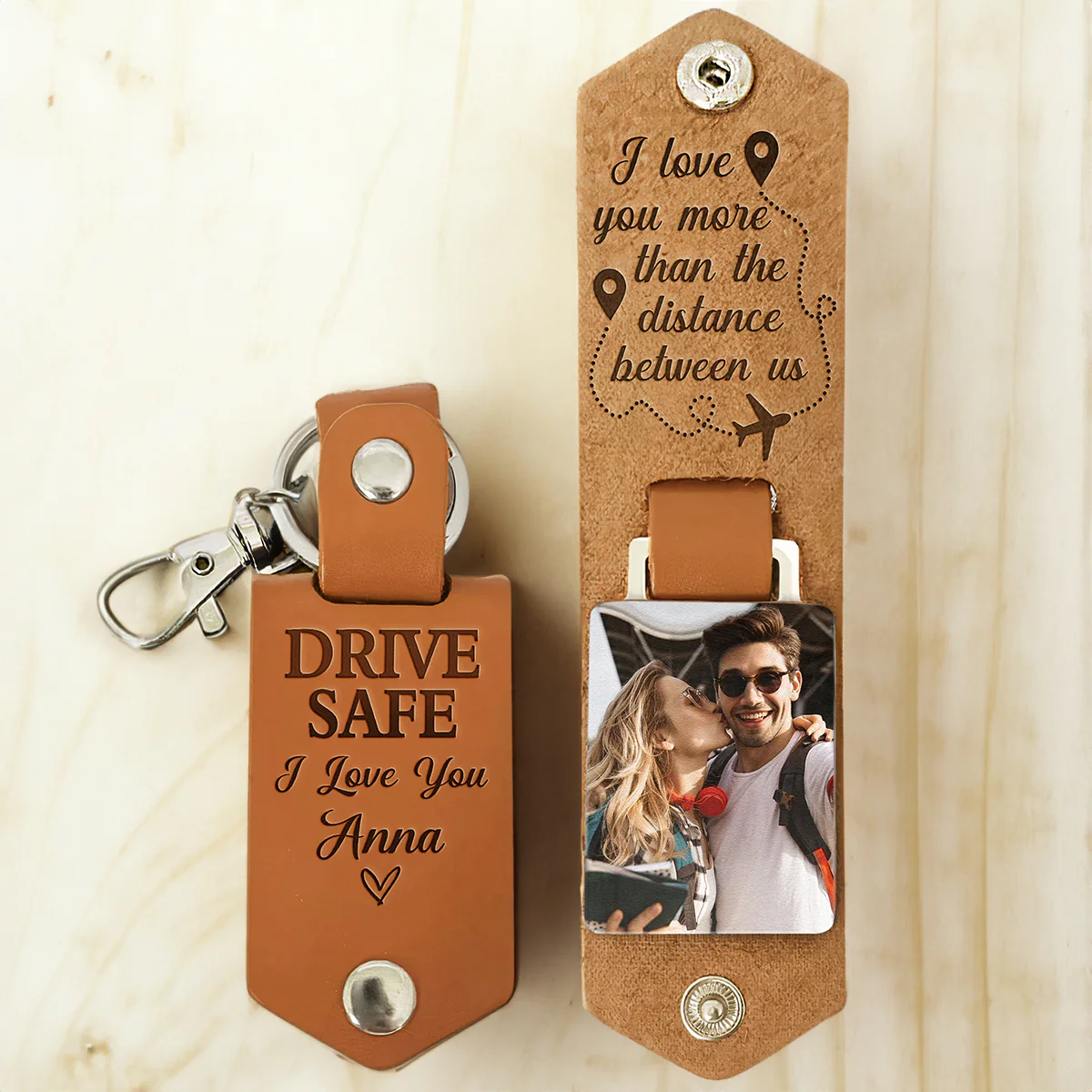 Custom Photo Drive Safe I Love You More Than The Distance Between Us - Personalized Leather Photo Keychain - Image 4