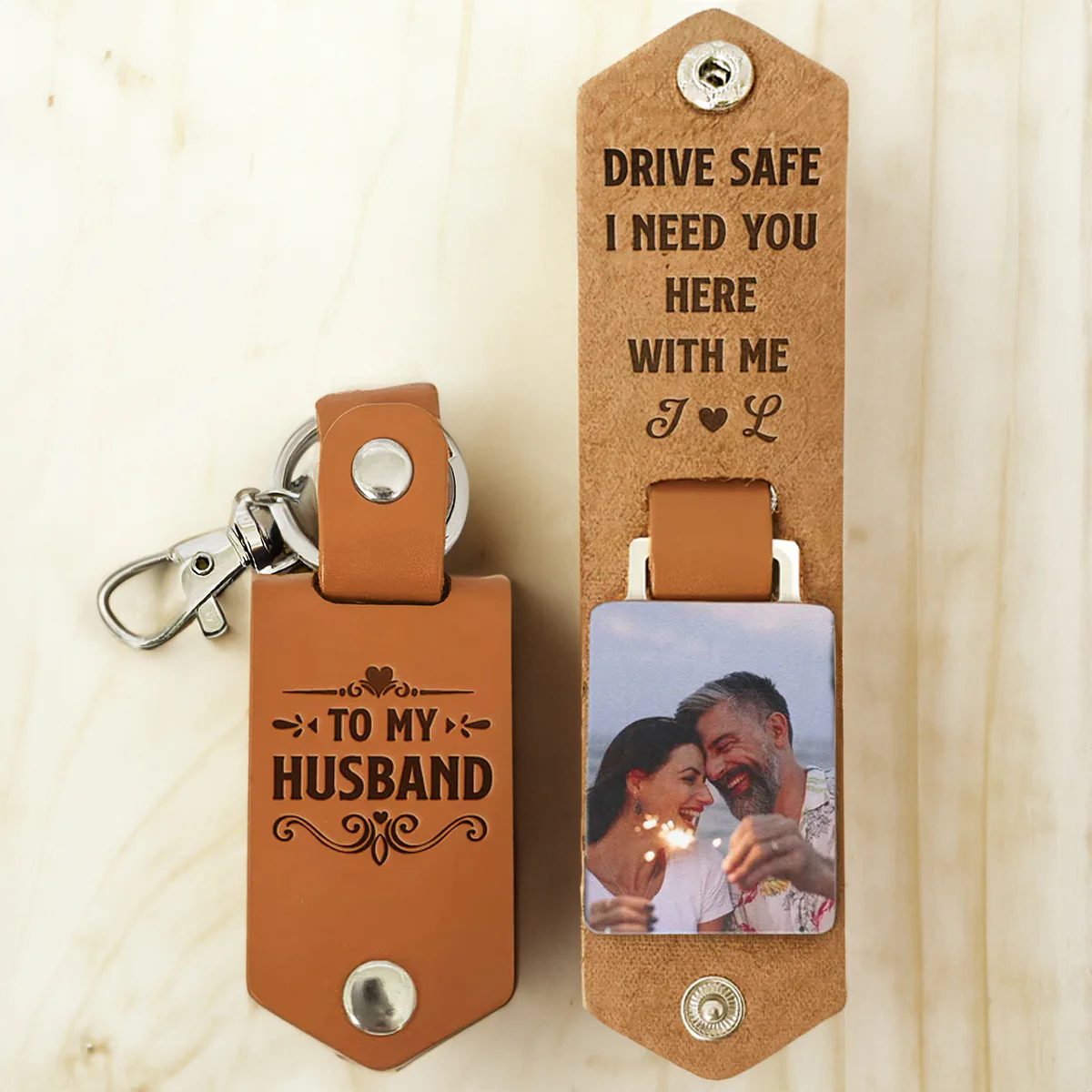 Custom Photo Drive Safe I Need You Here With Me - Gift For Husband - Personalized Leather Photo Keychain - Image 4