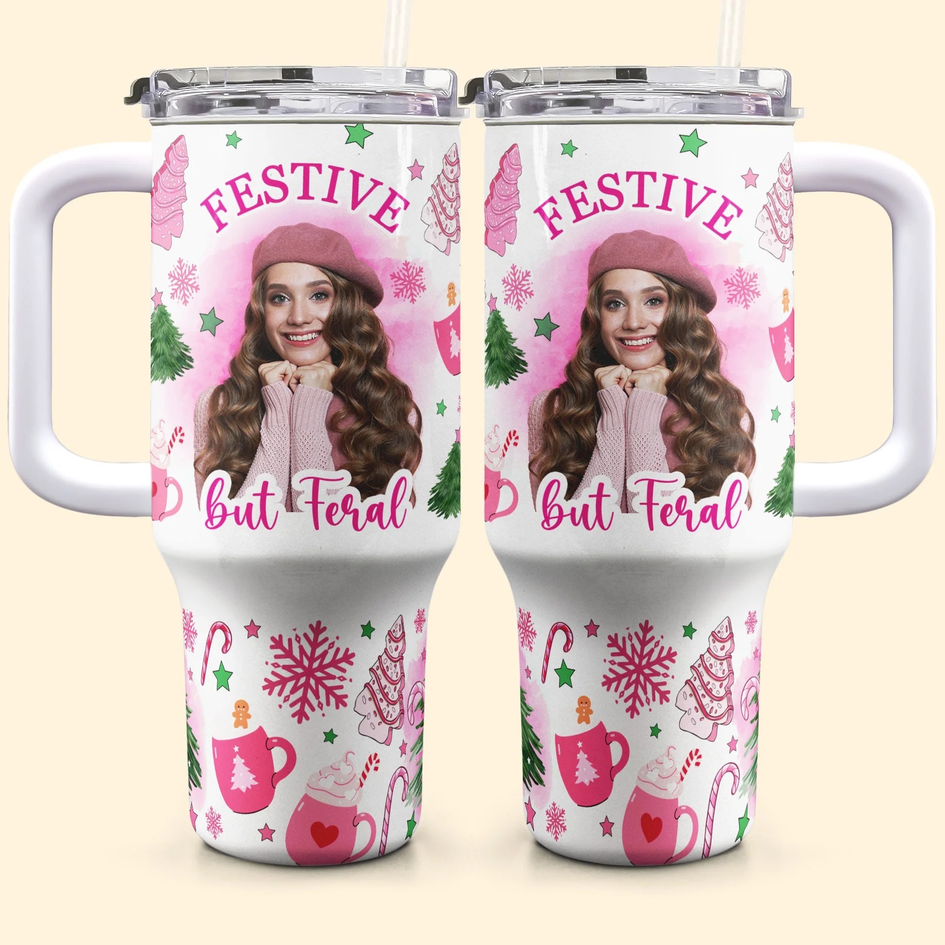 Custom Photo Festive But Feral - Personalized 40oz Tumbler Cup With Straw - Christmas Gift For Girlfriend, Besties, Mom NA94 - Image 4