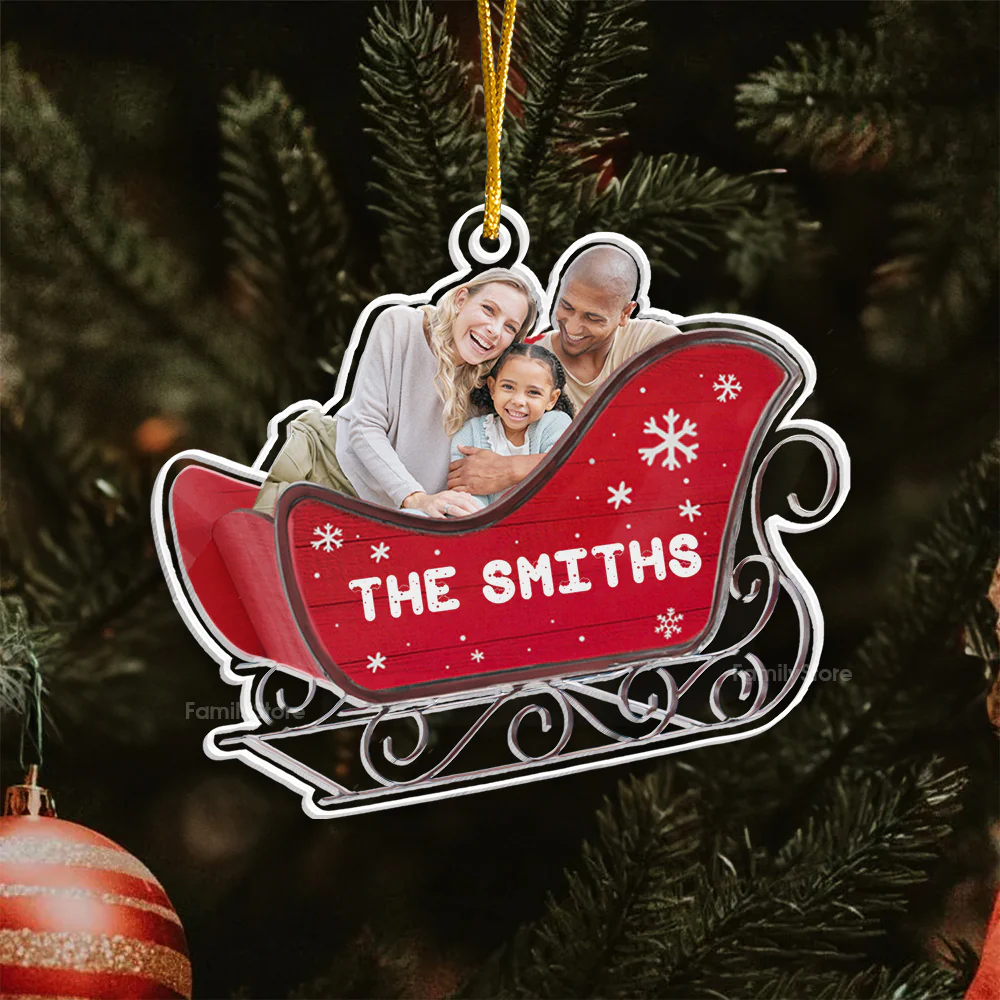 Custom Photo Ho Ho Ho We Are In The Santa's Sleigh - Gift For Family - Personalized Acrylic Ornament - NA94 - Image 5