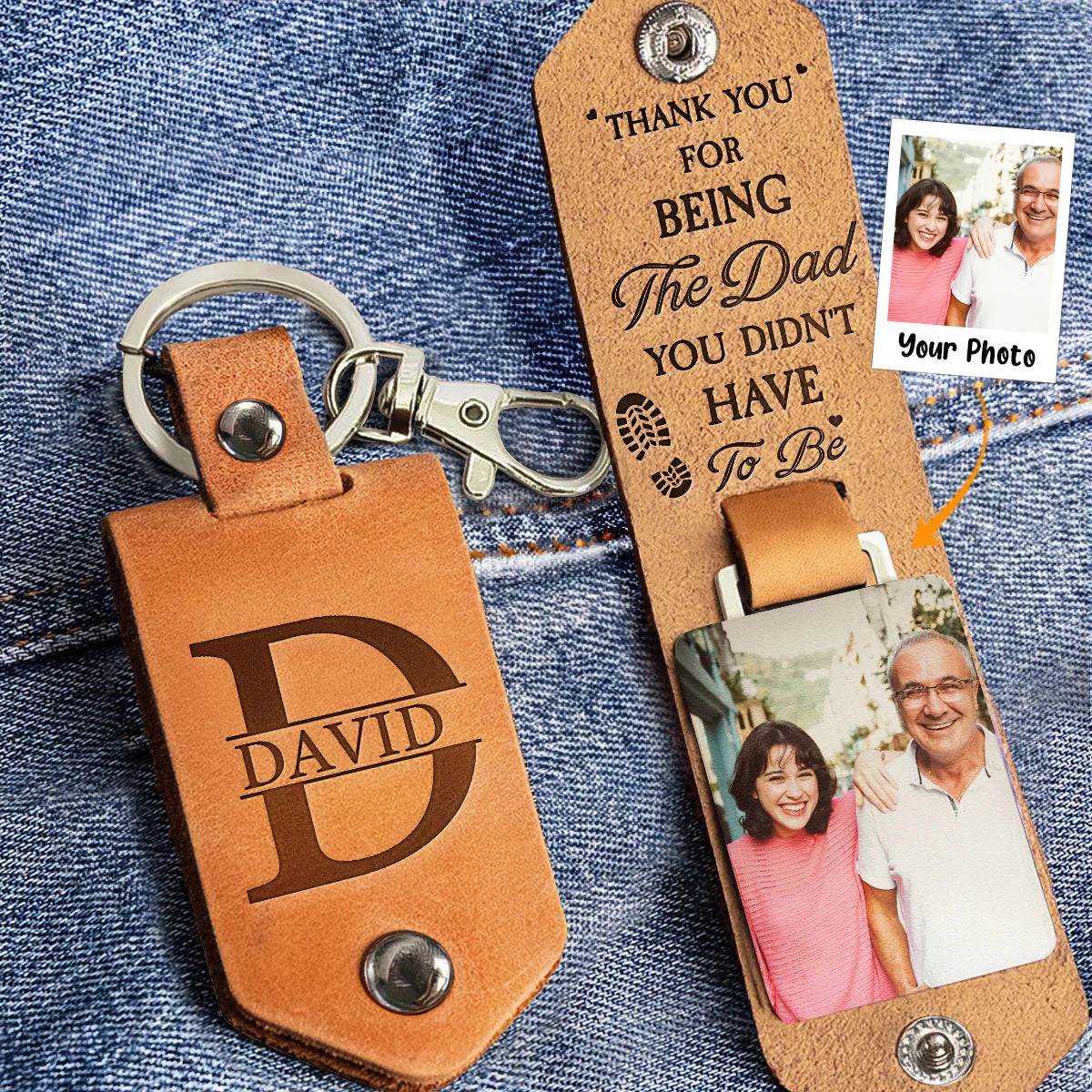 Custom Photo Thank You For Being The Dad You Didn't Have To Be - Gift For Dad, Grandfather - Personalized Leather Photo Keychain - Image 3