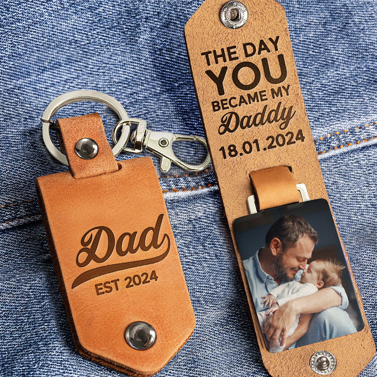 Custom Photo The Day You Became My Daddy First Time Dad - Gift For Dad, Grandfather - Personalized Leather Photo Keychain - Image 3