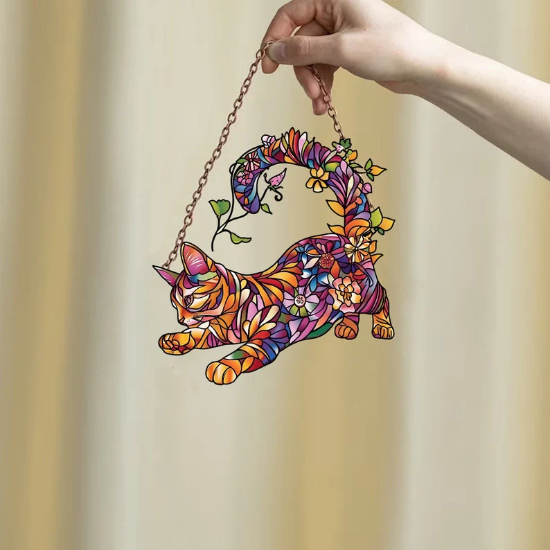Flower Cat Pattern - Gift For Cat Lovers - Window Hanging Window Hanging Suncatcher Ornament - Image 3