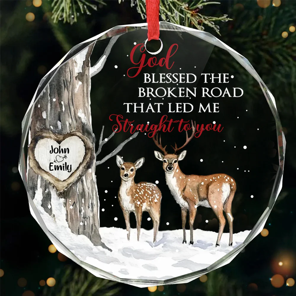 God Blessed The Broken Road – Gift For Couple Personalized Christmas Glass Ornament Holiday Decoration PT - Image 3