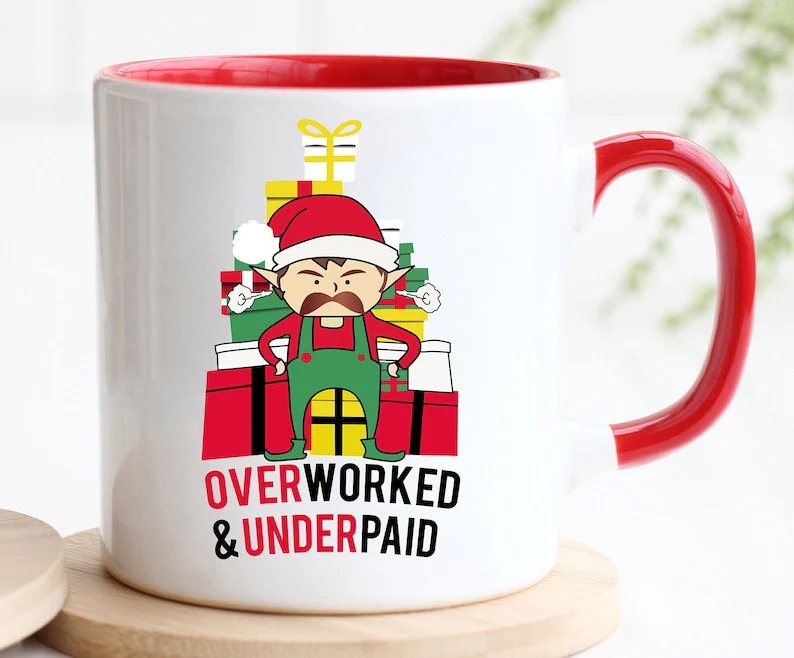 Overworked & Underpaid Elf Christmas - Accent Ceramic Mug - Image 3