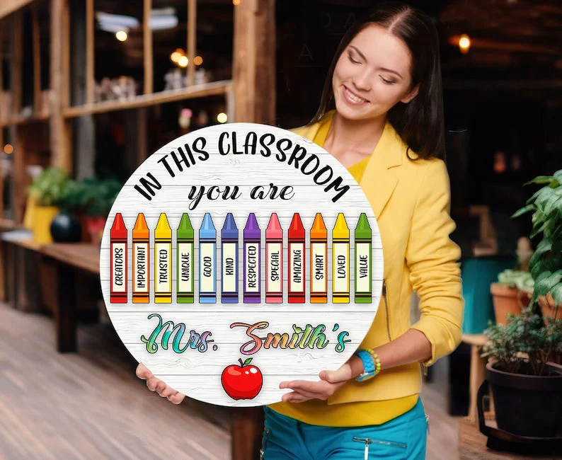 Personalized Crayons Welcome To Teacher Door Round Wood Sign - Image 3