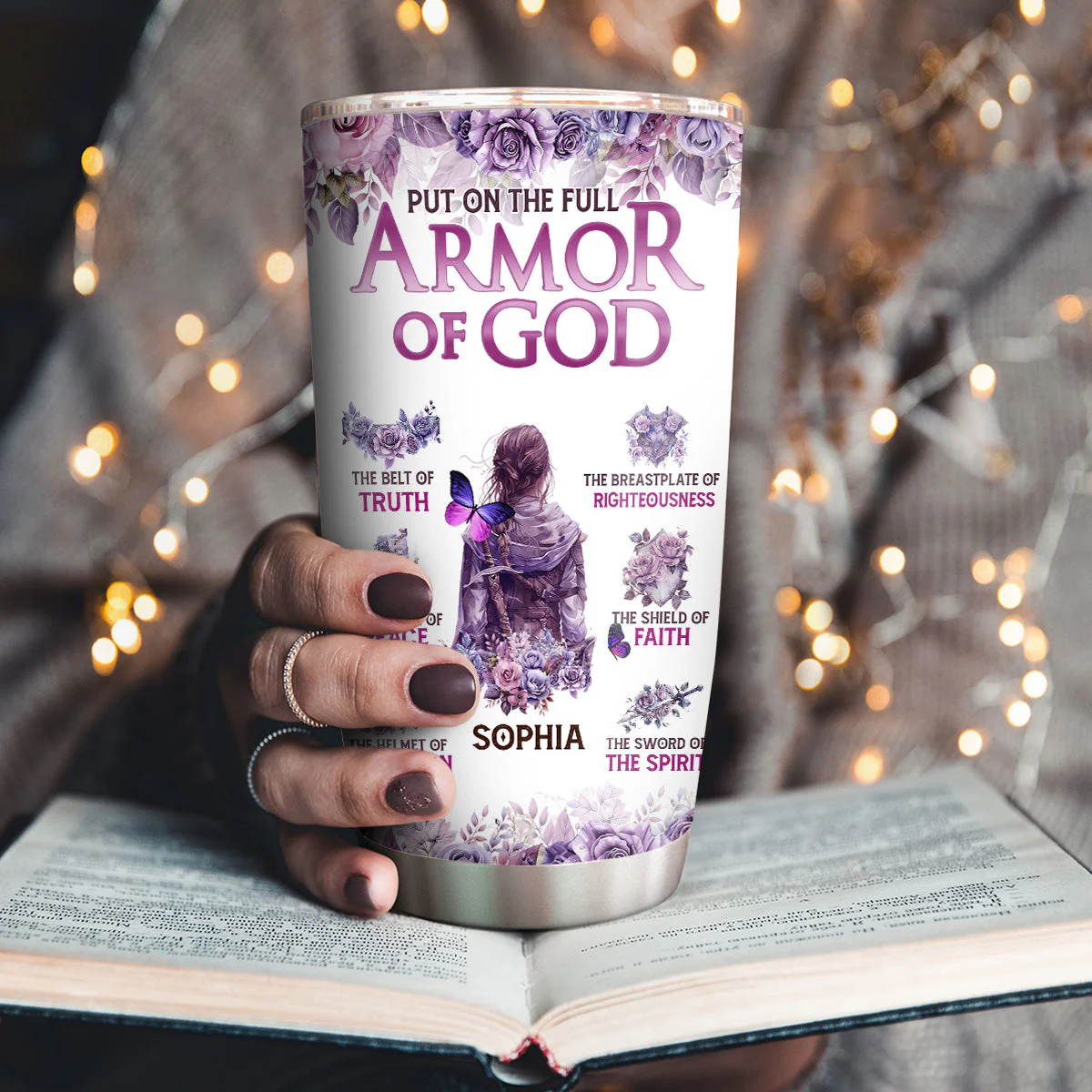 Put on the Full Armor of God & Floral - Personalized Stainless Steel Tumbler - Gift For Her HN02 - Image 3