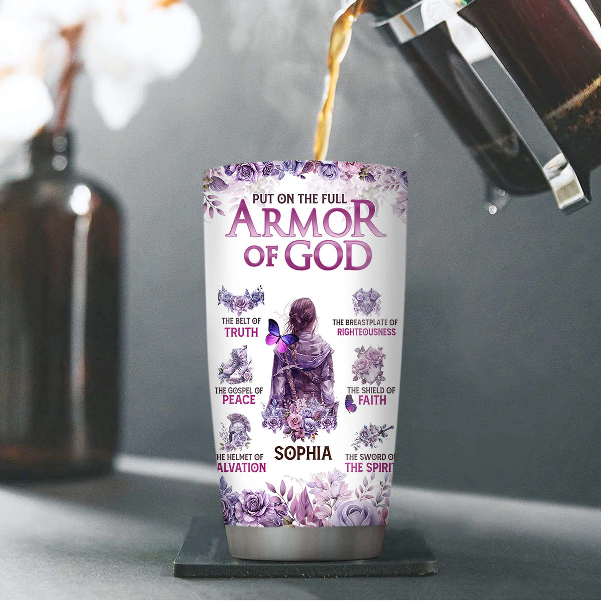 Put on the Full Armor of God & Floral - Personalized Stainless Steel Tumbler - Gift For Her HN02 - Image 4
