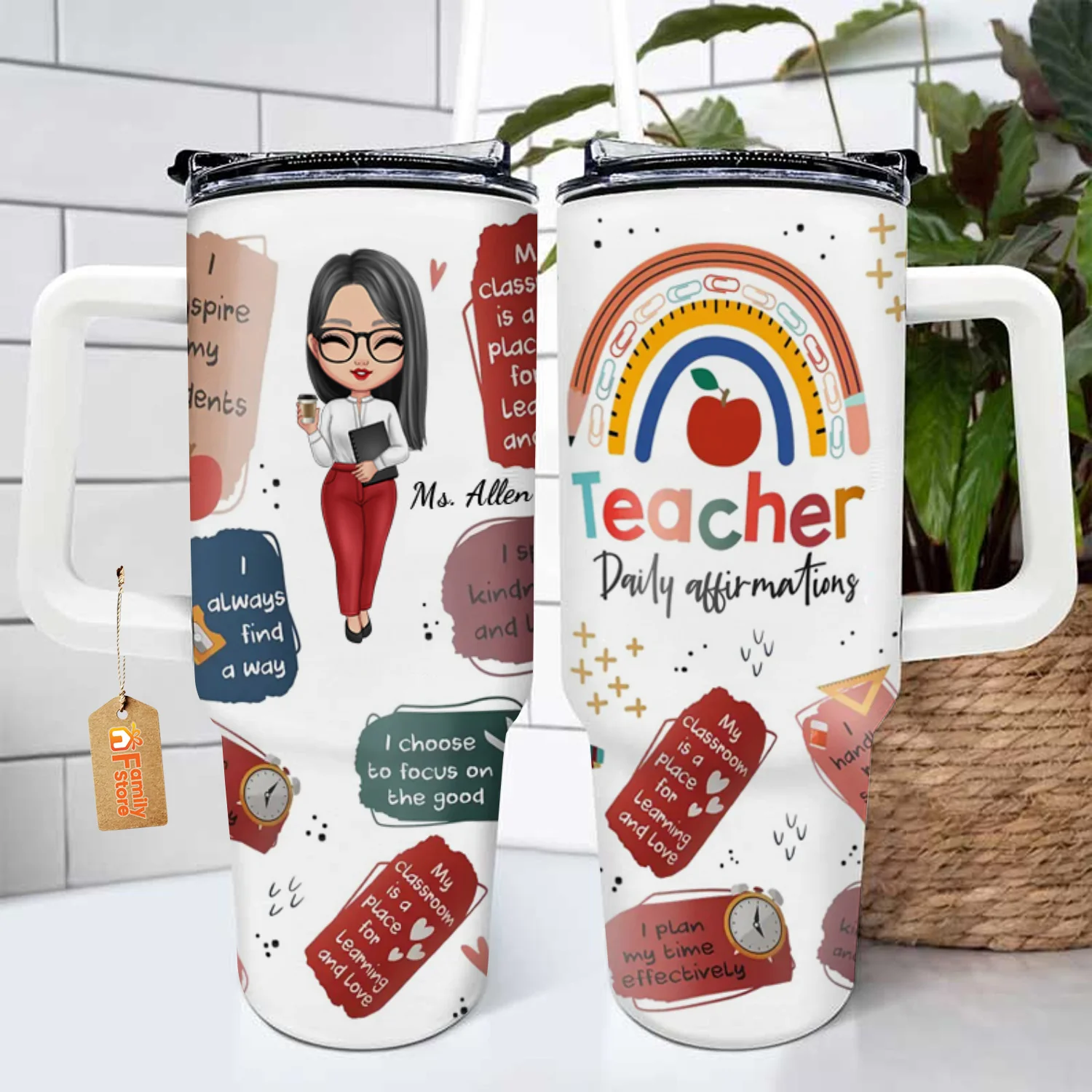 Teacher Daily Affirmations - Personalized Custom 40oz Tumbler With Handle - Teacher's Day, Appreciation Gift For Teacher - Image 3